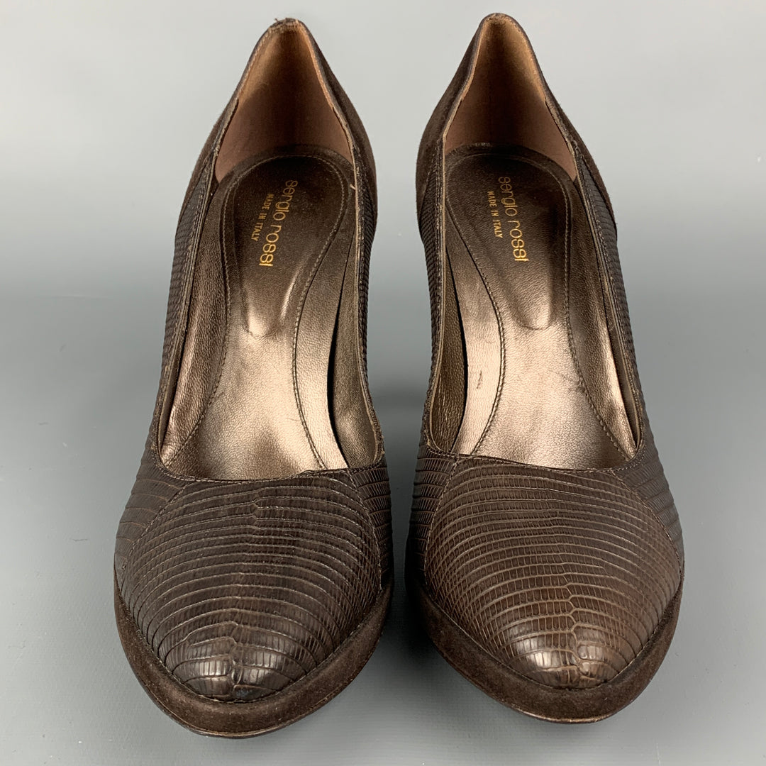 SERGIO ROSSI Size 9.5 Brown Leather Embossed Suede Platform Pumps