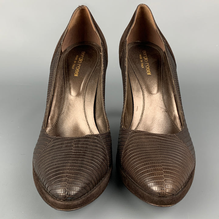 SERGIO ROSSI Size 9.5 Brown Leather Embossed Suede Platform Pumps