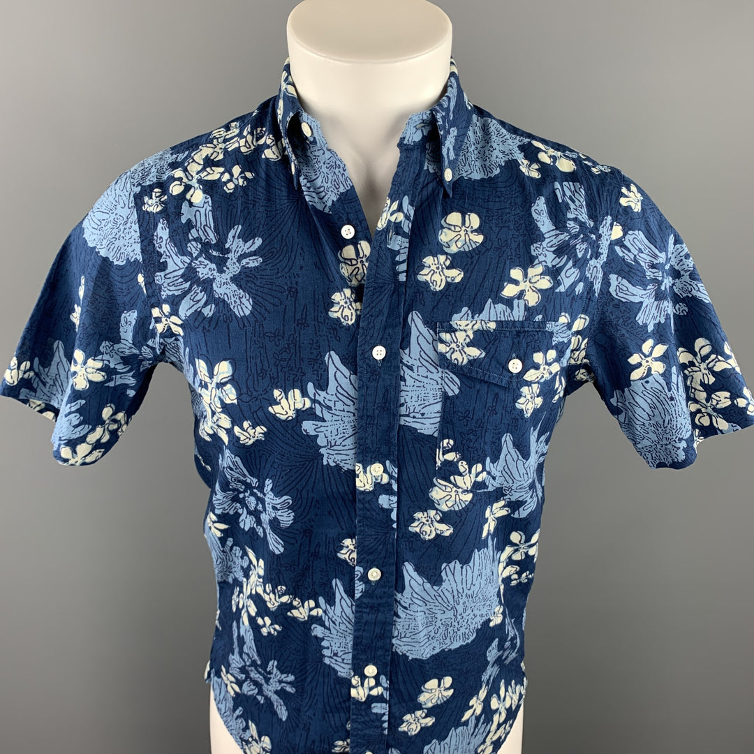J. PRESS Size S Navy Print Cotton Button Down Short Sleeve Shirt