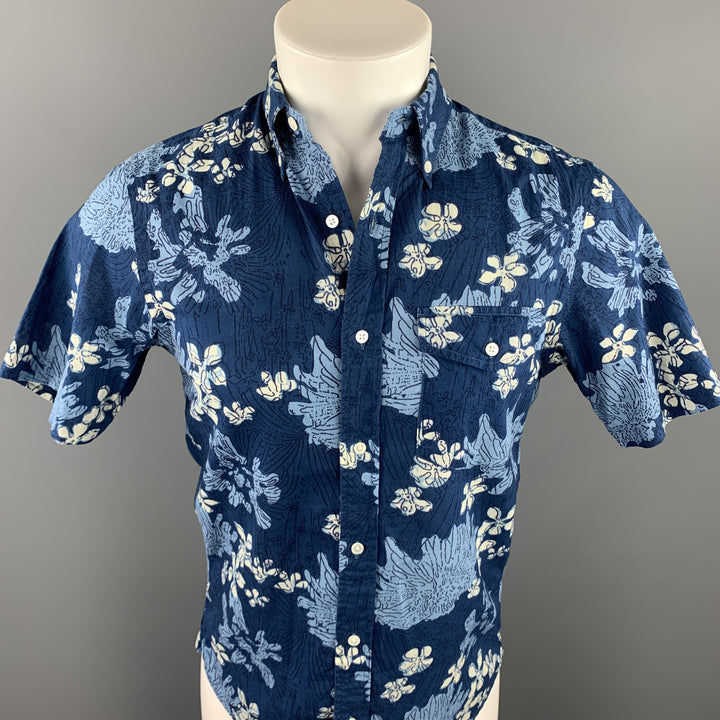 J. PRESS Size S Navy Print Cotton Button Down Short Sleeve Shirt
