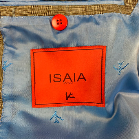 ISAIA Size 48 Long Taupe Plaid Wool Notch Lapel Suit