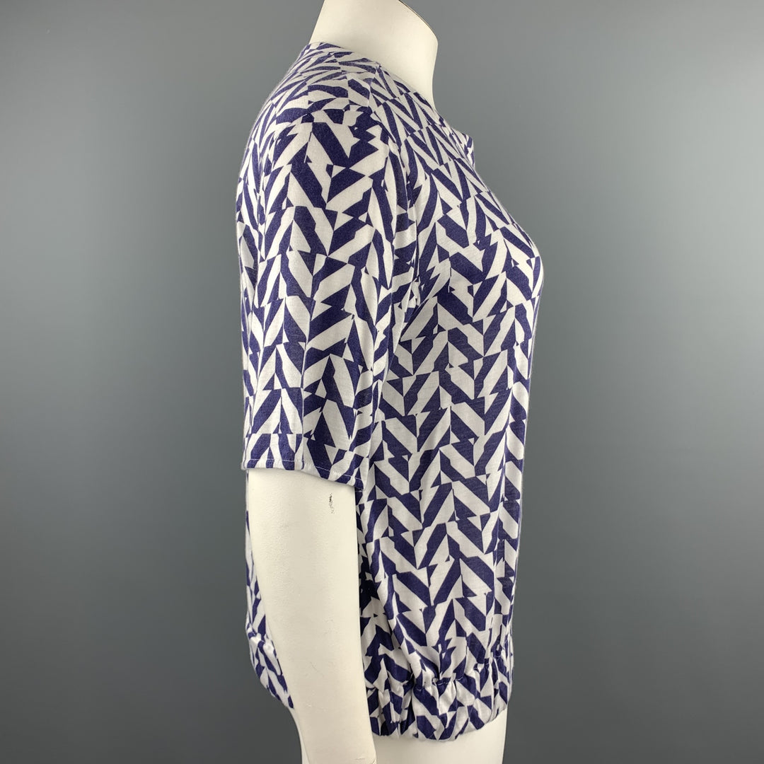 GIORGIO ARMANI Size 12 White & Blue Checkered Cashmere Blend Casual Top