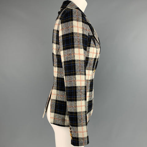 SMYTHE Size 8 Cream Black Wool Plaid Single Button Jacket