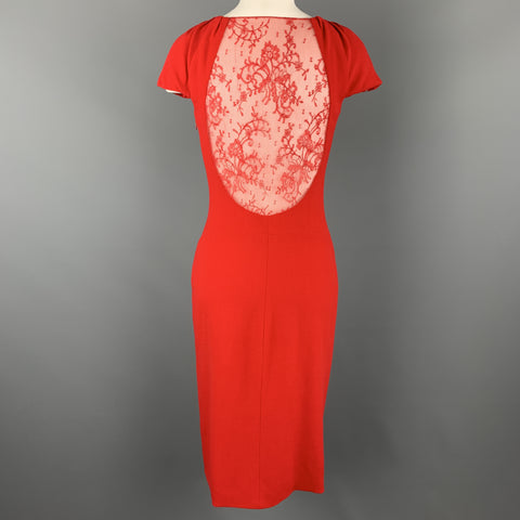 REEM ACRA Size 4 Red Silk Crepe Ruched Collar Lace Back Sheath Dress
