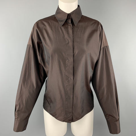 YVES SAINT LAURENT Size M Brown Taffeta Hidden Placket Blouse