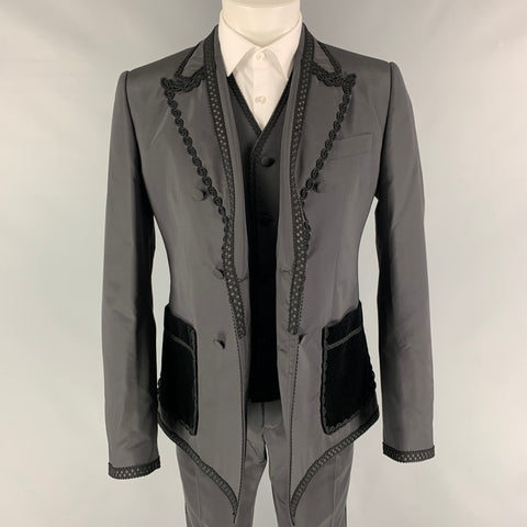 DOLCE &amp; GABBANA Talla 38 R Traje de 3 piezas cruzado de seda con bordado de pasamanería negro
