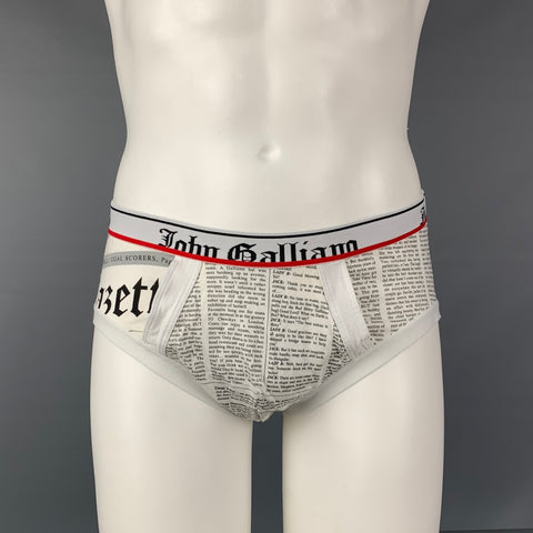 JOHN GALLIANO Size L White Black Newspaper Print Cotton Blend Underwear