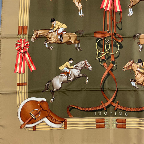 HERMES by Philippe Ledoux Olive Taupe Equestrian Silk Twill Scarf