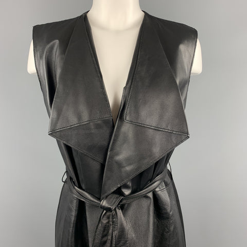 ST. JOHN Size S Black Draped Leather Front Wool Blend Knit Back Vest Coat