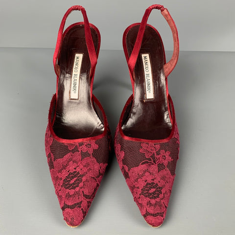 MANOLO BLAHNIK Size 8.5 Burgundy Lace Slingback Pumps
