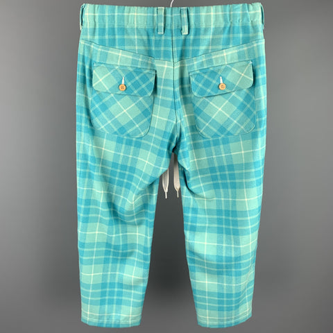 COMME des GARCONS GANRYU Size S Aqua Plaid Wool / Nylon Elastic Waistband Casual Pants