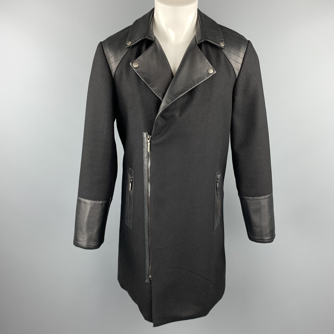 ROYGBM Size 40 Black Wool & Leather Asymmetrical Zip Biker Coat