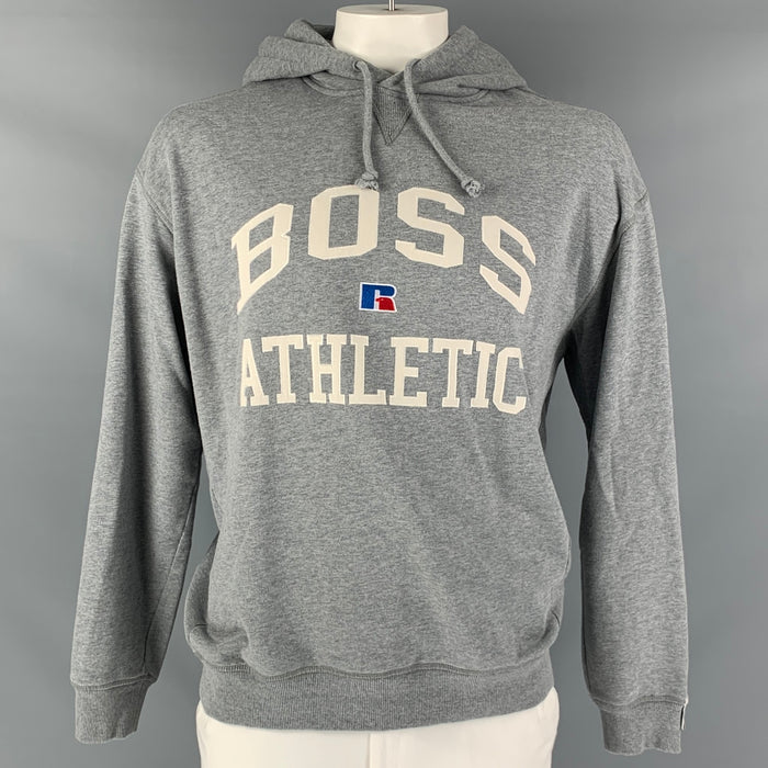 HUGO BOSS Size XL Grey Cream Logo Cotton Hoodie Sweatshirt