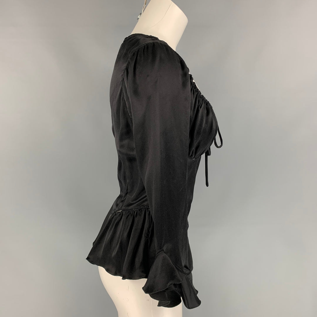 ALEXANDER MCQUEEN Size 8 Black Satin Silk 3/4 Sleeves Blouse