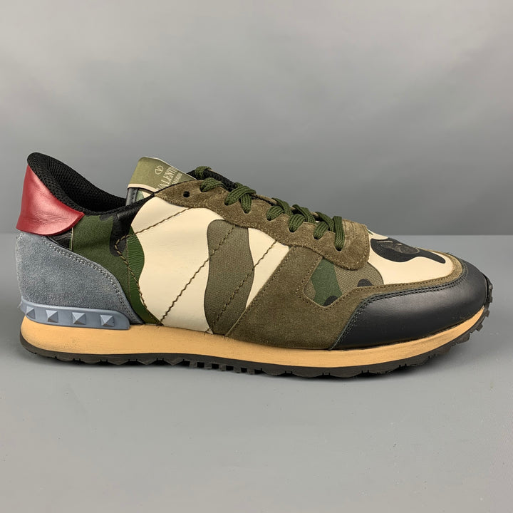 VALENTINO Size 12 Multi-Color Olive Camo Leather Low Top Sneakers