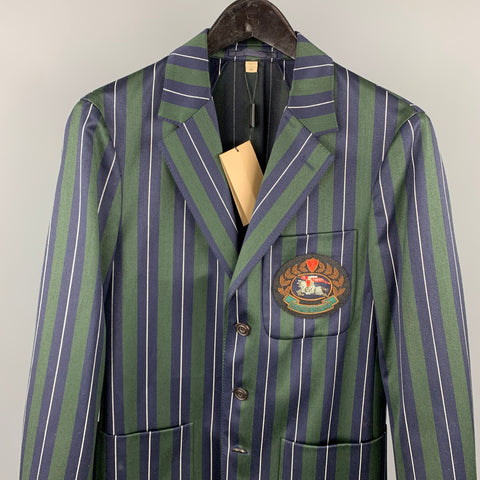 BURBERRY Talla 36 Regular Traje con solapa de muesca de lana / algodón con rayas verticales verde y azul marino