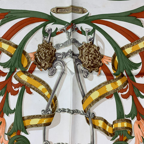 Vintage HERMES Le Mors A LaConetable by Henri D'Origny Green & Rust Tapestry Silk Scarf