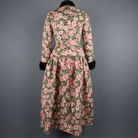 BILL BLASS Size 8 Pink & Green Rose Print Cocktail Dress & Mink Jacket Set BILL BLASS