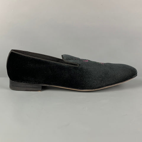 PAUL SMITH Size 12 Black Embroidery Velvet Slip On Loafers