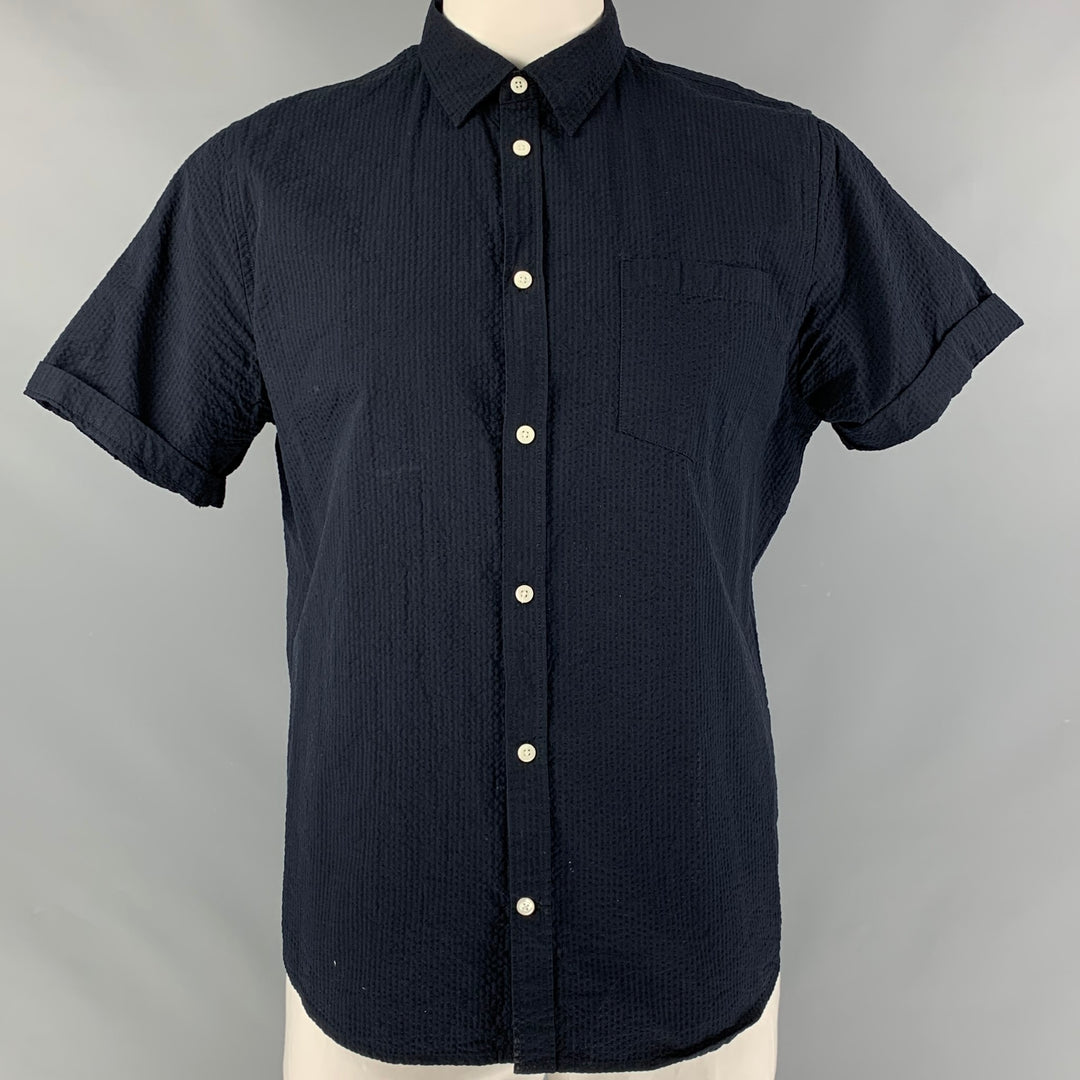 NORSE PROJECTS Size L Navy Seersucker Cotton Short Sleeve Shirt