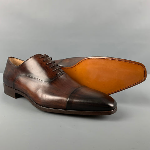 MAGNANNI Size 10 Brown Burnished Leather Cap Toe Lace Up Shoes