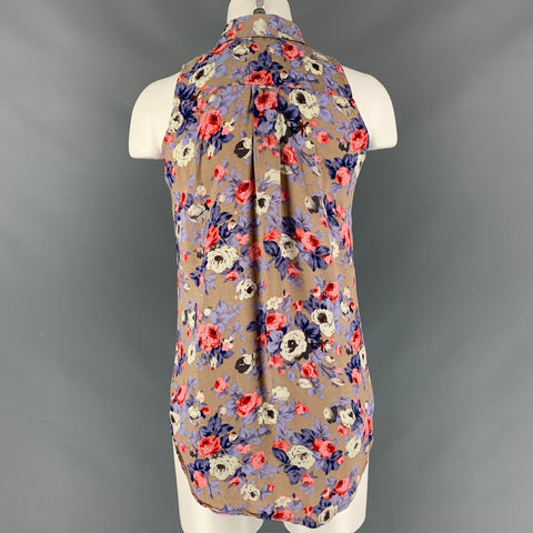 PACO RABANNE Size S Taupe Purple Floral Sleeveless Blouse