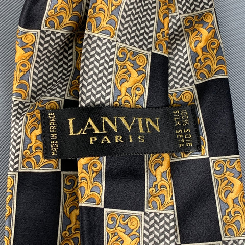 LANVIN Black Gold Print Silk Neck Tie
