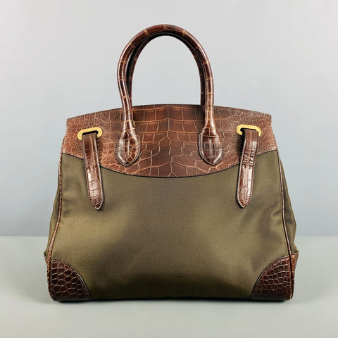 RALPH LAUREN Brown Olive Mixed Materials Alligator Nylon Handbag