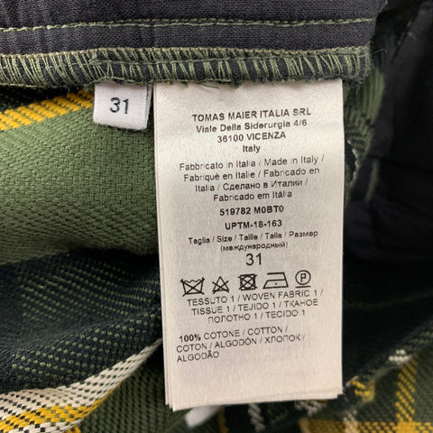 TOMAS MAIER Size 31 Olive Black Plaid Cotton Button Fly Shorts