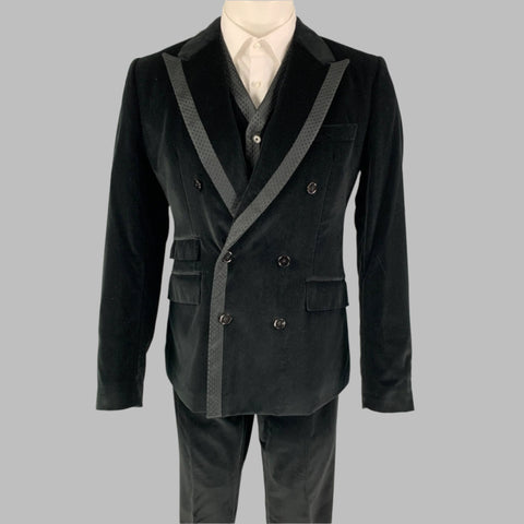 DOLCE &amp; GABBANA Talla 40 R Traje cruzado de 3 piezas de terciopelo negro