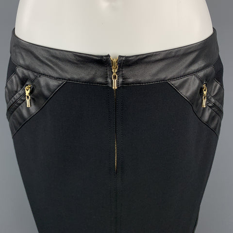 GIANNI VERSACE Size 6 Black Wool Blend Leather Trim Zip Up Pencil Skirt