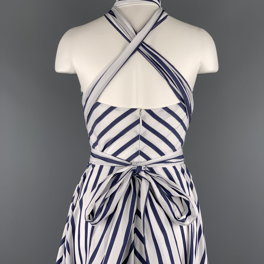 CAROLINA HERRERA Size 0 White & Bllue Striped Cotton Gathered Halter Sun Dress