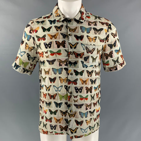 JACQUES COCO Size M Cream Multicolour Butterfly One pocket Short Sleeve Shirt