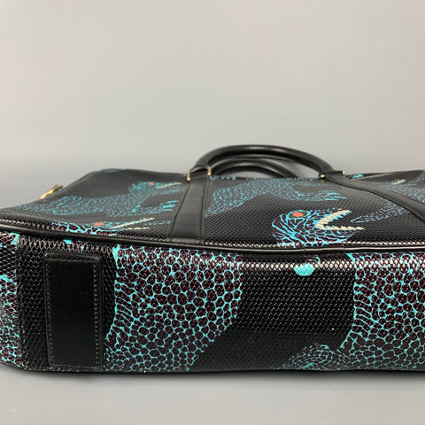PAUL SMITH Black & Blue Dino Print Coated Canvas Briefcase