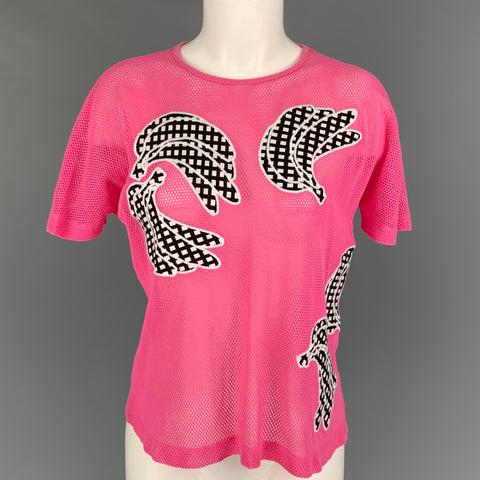 CARVEN Talla S Camiseta de cuello redondo de malla de mezcla de algodón rosa negro blanco