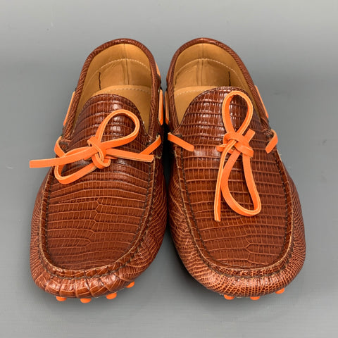 ETRO Size 8 Cognac Embossed Leather Drivers Loafers