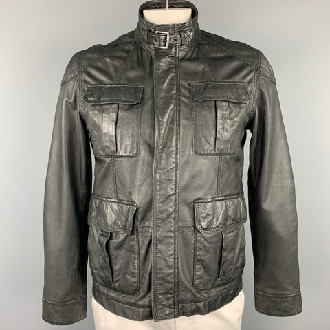 TED BAKER Size L Black Leather Zip & Snaps Zip Up Jacket