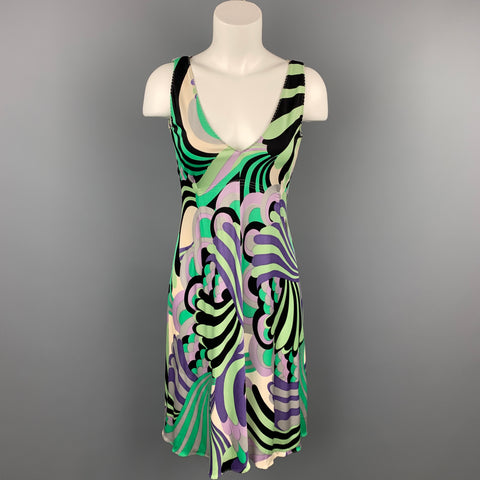 ELIE TAHARI Taille S Robe à col en V en jersey de soie abstrait vert et violet