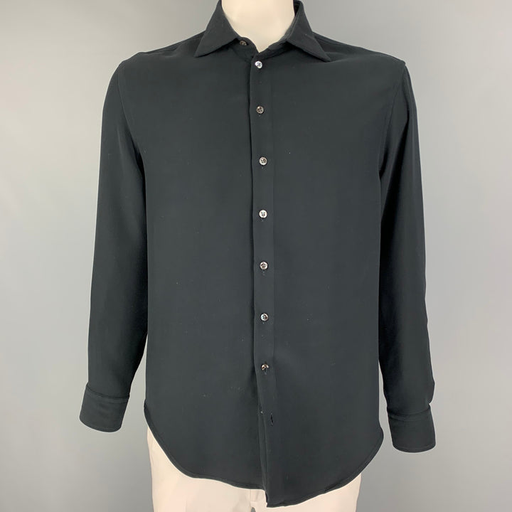 GIORGIO ARMANI Size L Black Polyester Button Up Long Sleeve Shirt