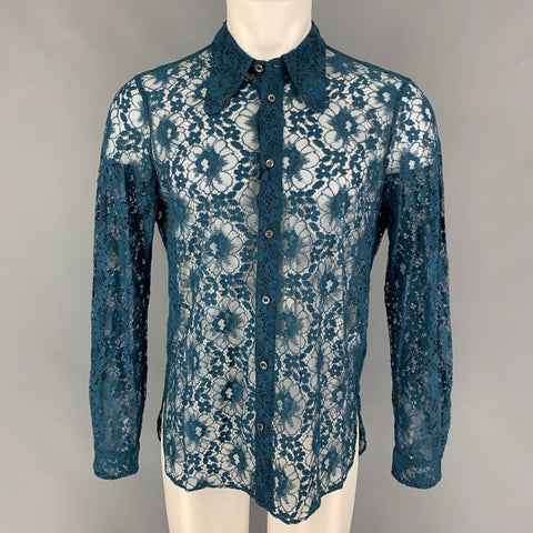 GUCCI SS 16 Size L Teal Lace Polyamide Cotton Button Up Long Sleeve Shirt