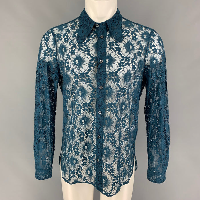 GUCCI SS 16 Size L Teal Lace Polyamide Cotton Button Up Long Sleeve Shirt
