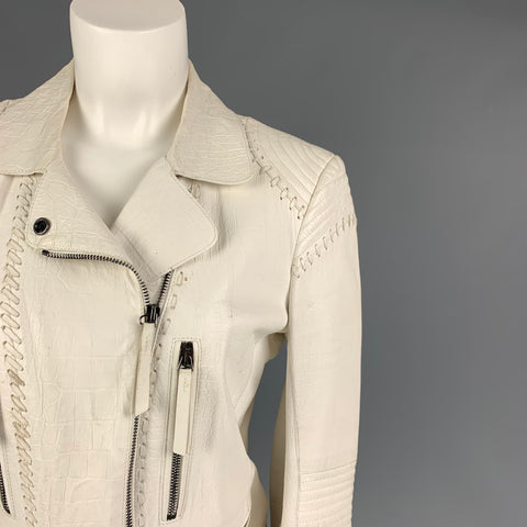 ROBERTO CAVALLI Chaqueta de moto con relieve de cuero blanco talla 10