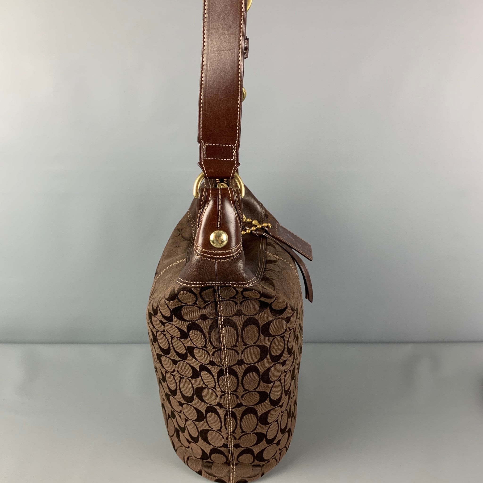 COACH ボディバッグ モノグラム ブラウン COACH Brown Monogram Canvas Leather Trim Shoulder Bag – Sui