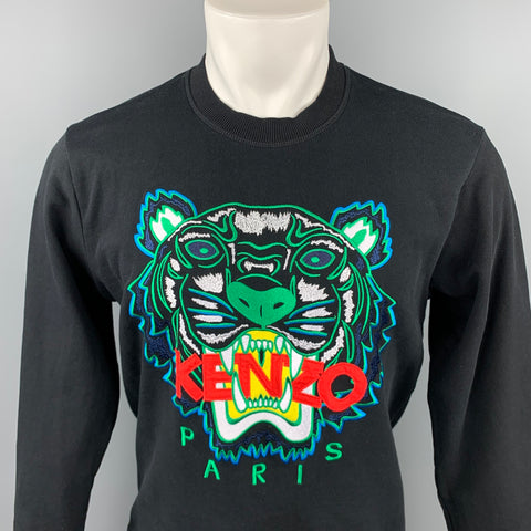 KENZO Size M Black & Green Tiger Embroidered Cotton Crew-Neck Pullover Sweater