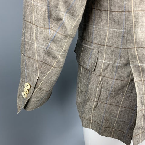 LORO PIANA Size 38 Taupe Window Pane Linen Notch Lapel Sport Coat