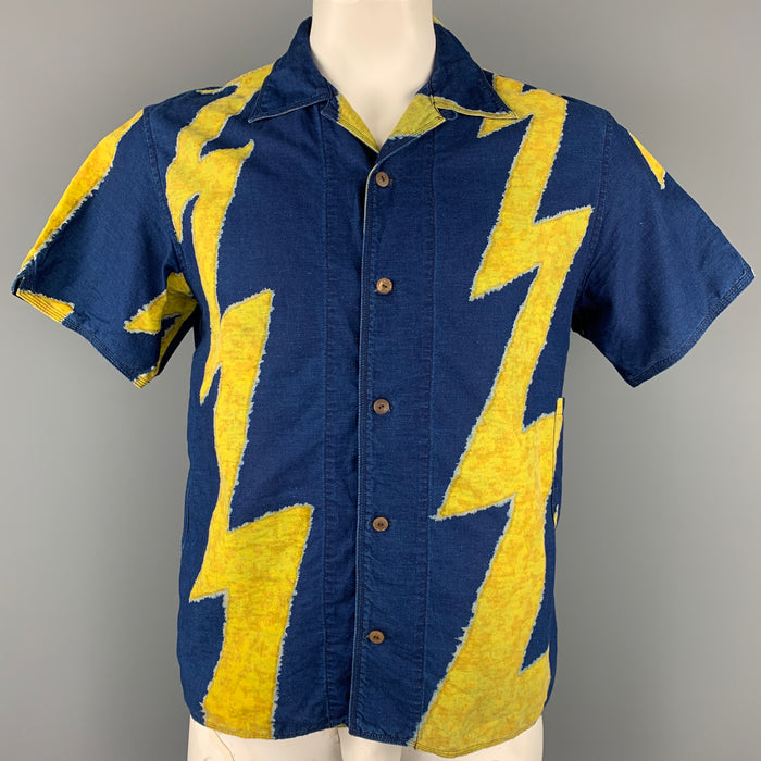 KAPITAL Size L Navy & Yellow Print Cotton / Linen Button Up Short Sleeve Shirt