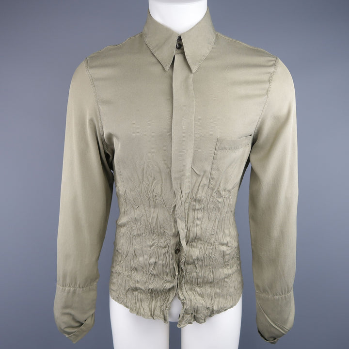 ROBERTO CAVALLI Olive Nailhead Cotton Wrinkled Gathered Waist Long Sleeve Shirt