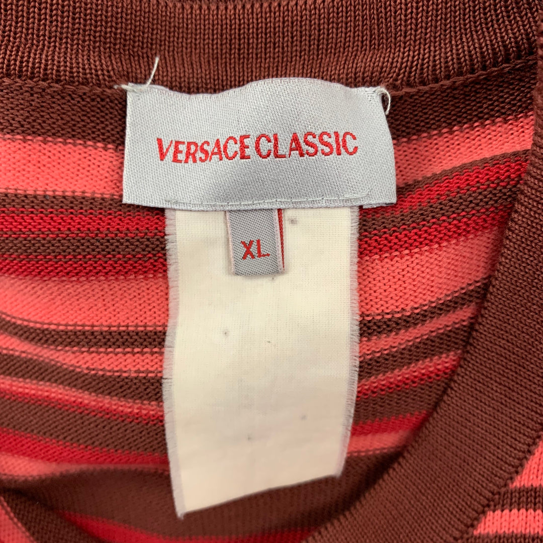 VERSACE CLASSIC Size XL Brown & Pink Stripe Cotton Crew-Neck Pullover