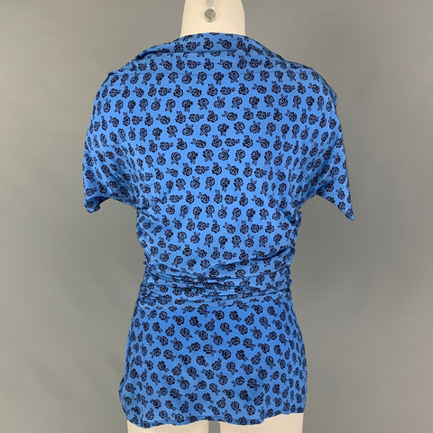 GIANNI VERSACE Size 4 Blue Black Silk Floral Ruched Casual Top