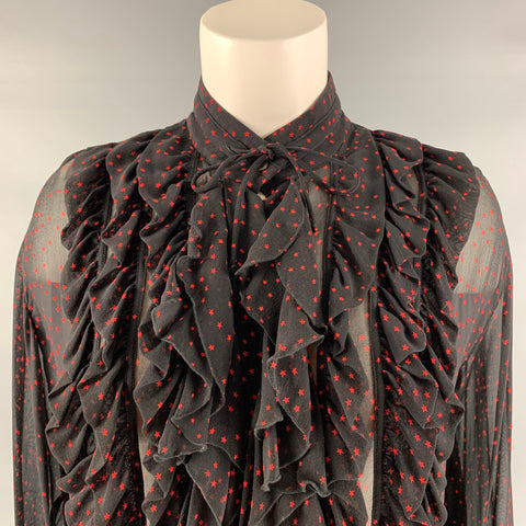 DRIES VAN NOTEN Size 4 Black &  Red Silk Stars Ruffle Shirt